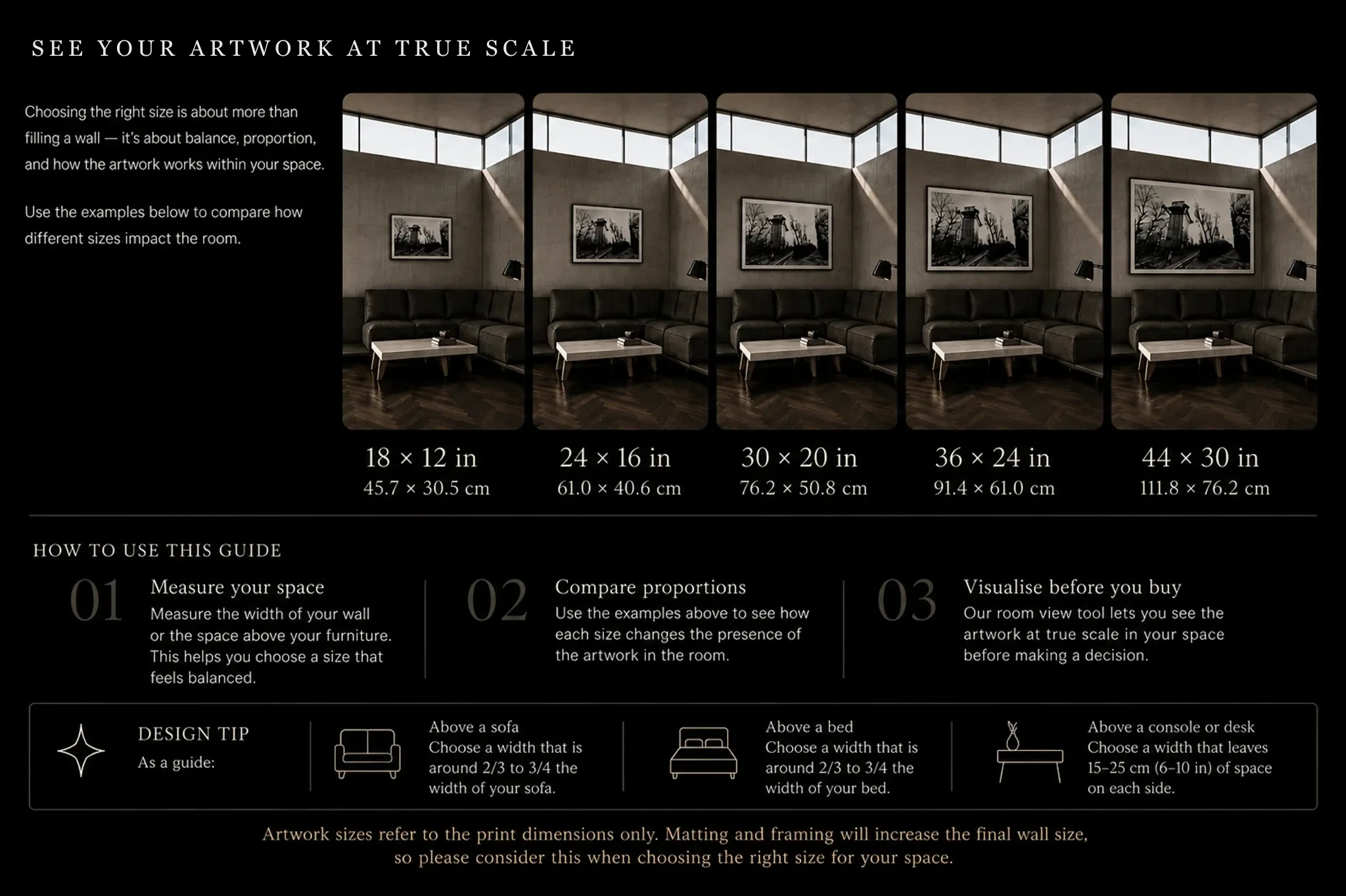 Francis Keating artwork size guide showing print proportions at scale for collector interiors